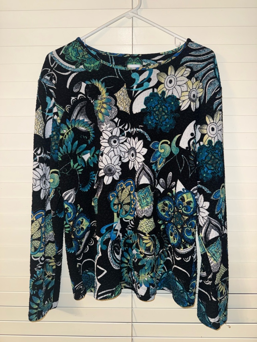 Chico's Black Floral-Print Long Sleeve Tee with Teal & White Accents
